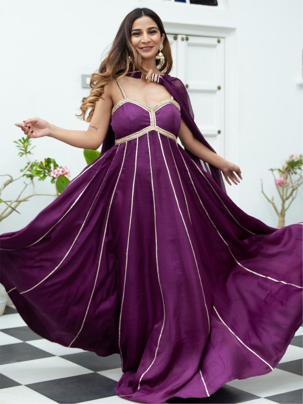 knee length dresses for ladies Purple Satin Off Shoulder A-line Long Party Dress, Floor Length Junior –  Cutedressy main image 1