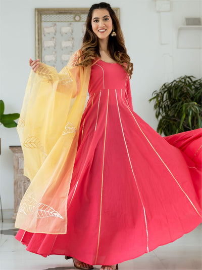 Pink Cotton flared Anarkali Without Dupatta