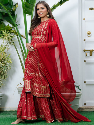 Red Cotton Printed Long Kurta and Sharara Set