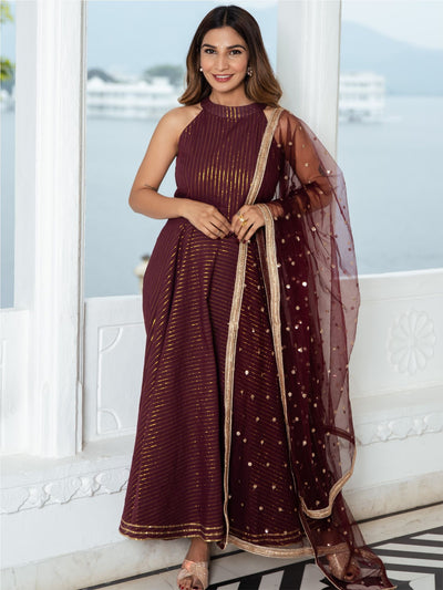 Wine Cotton Lurex Long Kurta and Pant Set