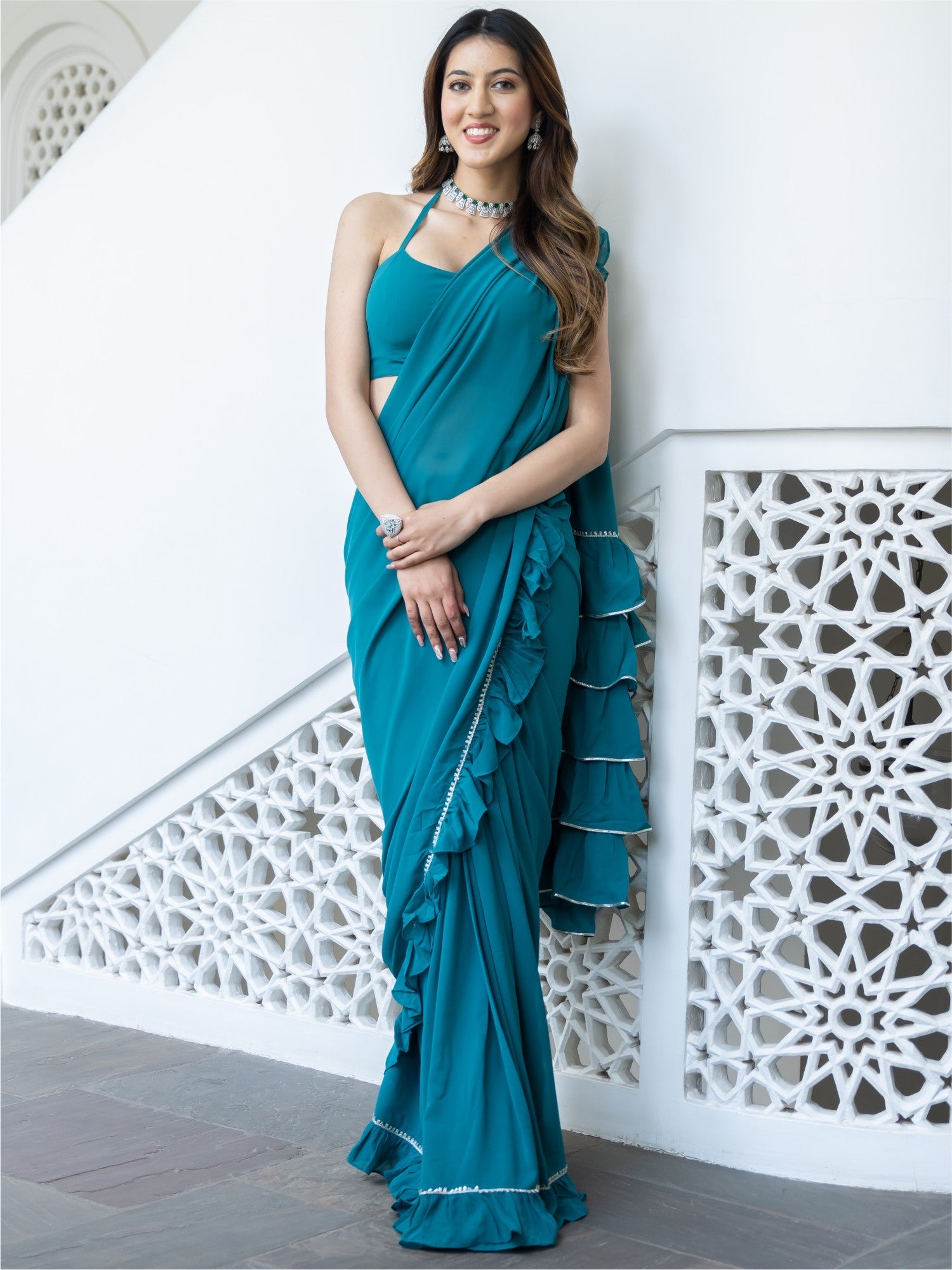 Emerald Green Georgette Readymade/Easy Saree