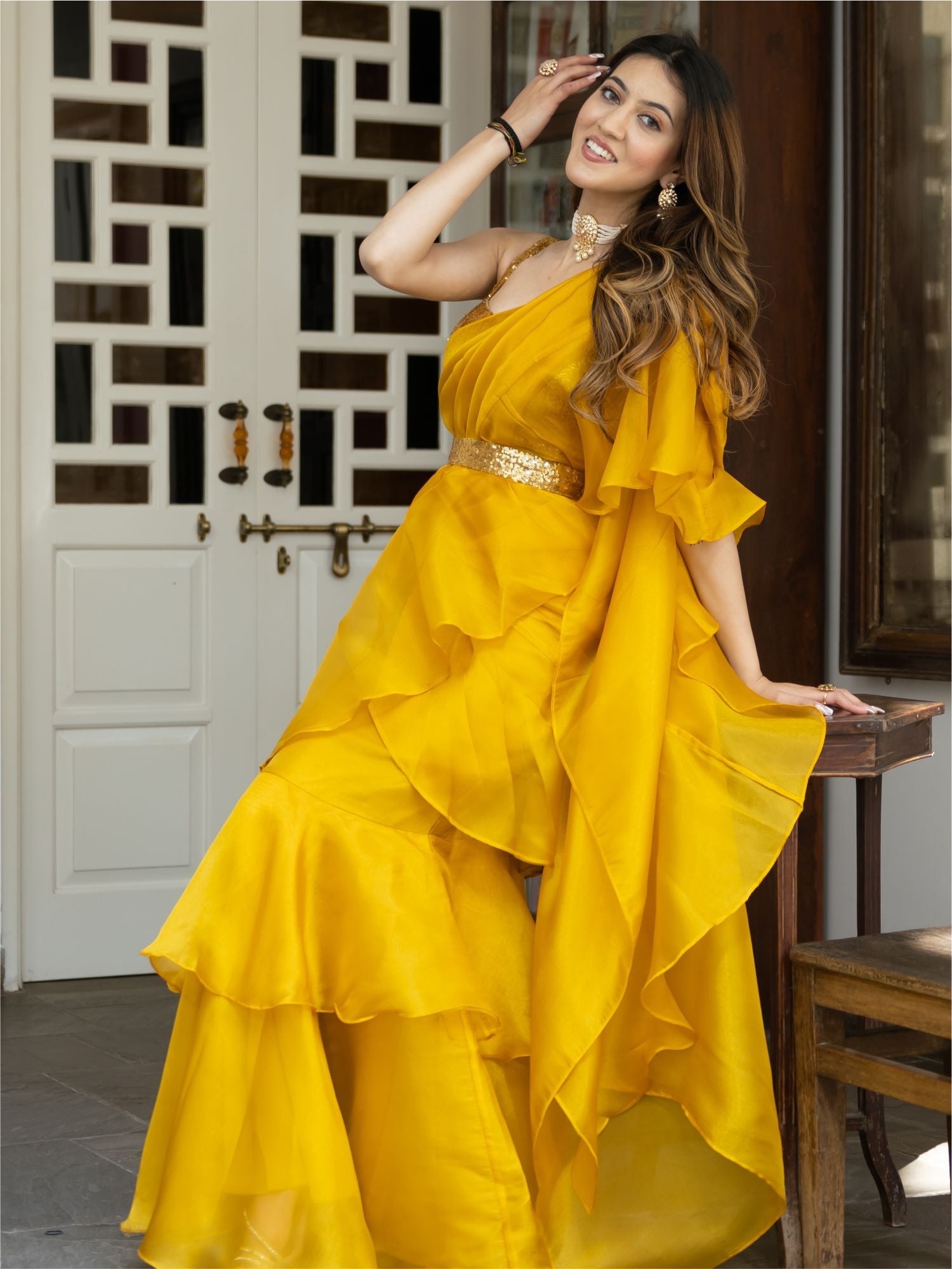 Shop Yellow Sequin Organza Ruffled Saree - Lavanya The Label