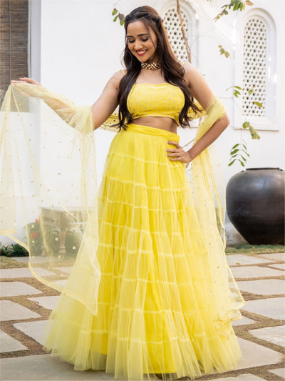 Yellow Net Tiered Flared Lehenga Set