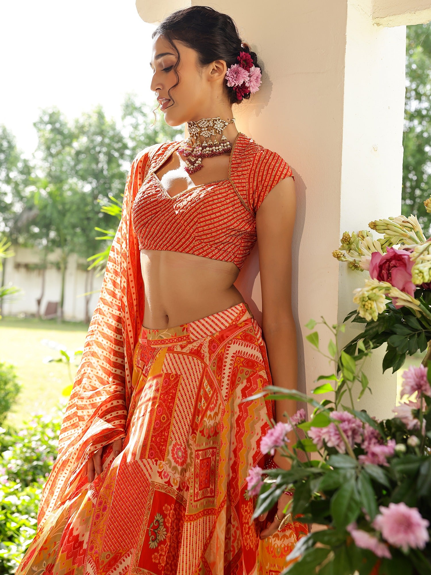 Red Printed Lehenga Set