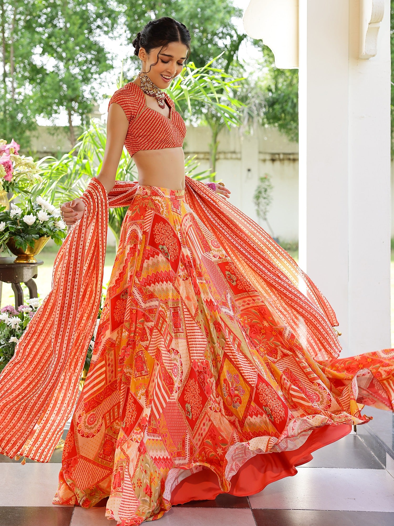 Red Printed Lehenga Set
