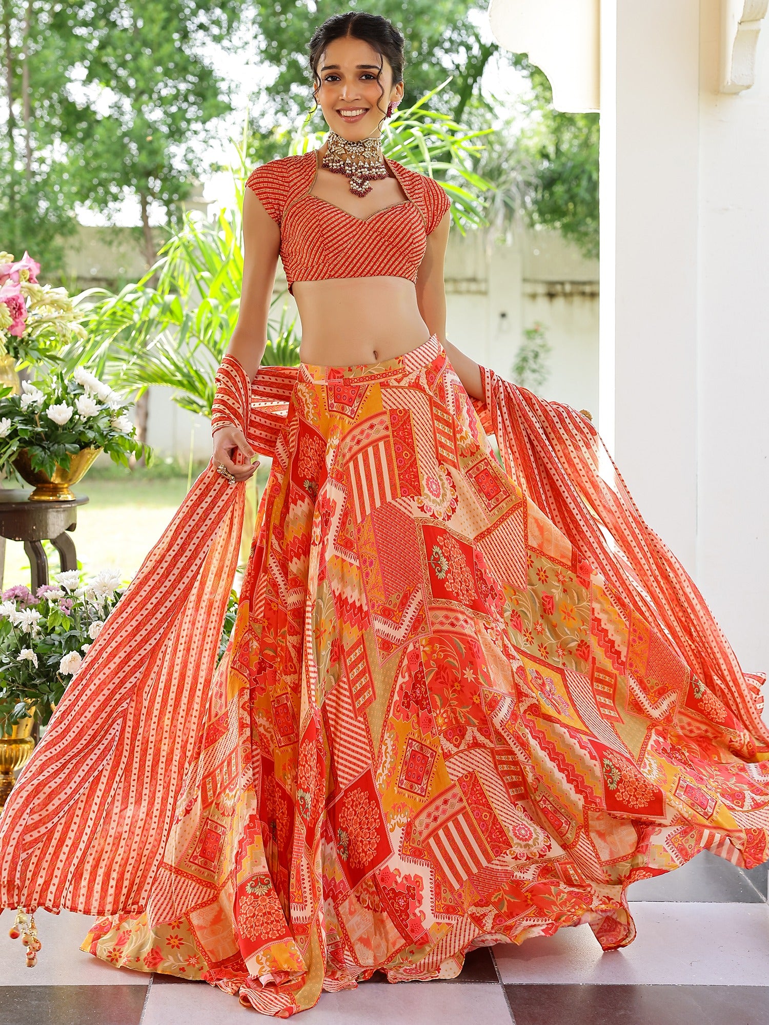 Red Printed Lehenga Set