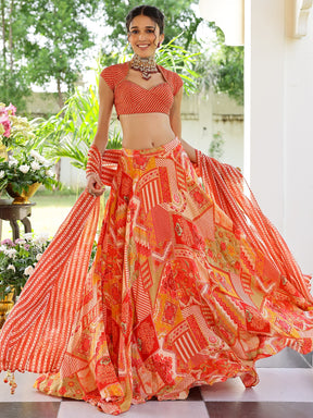 Red Printed Lehenga Set