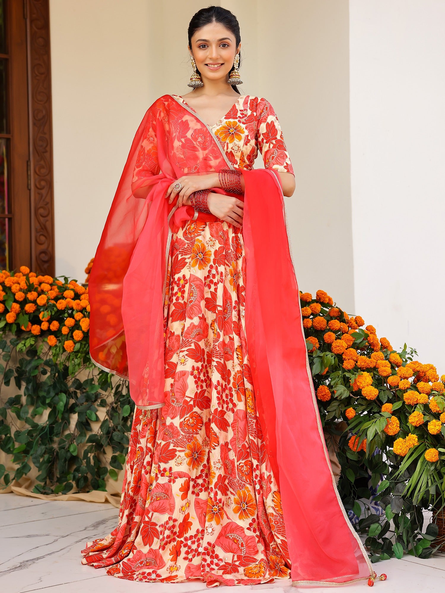Orange Printed Lehenga Set