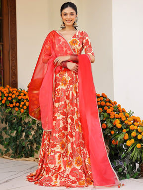 Orange Printed Lehenga Set
