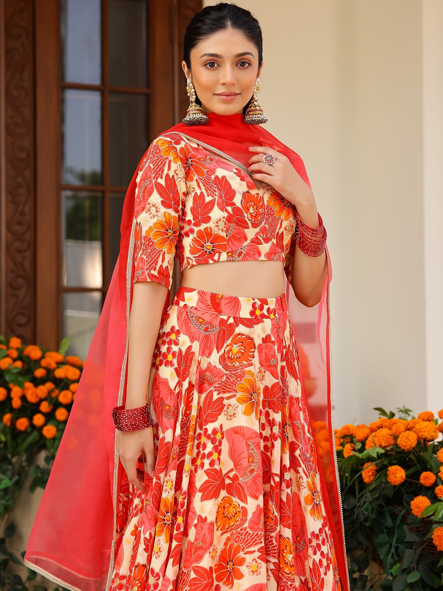 Orange Printed Lehenga Set
