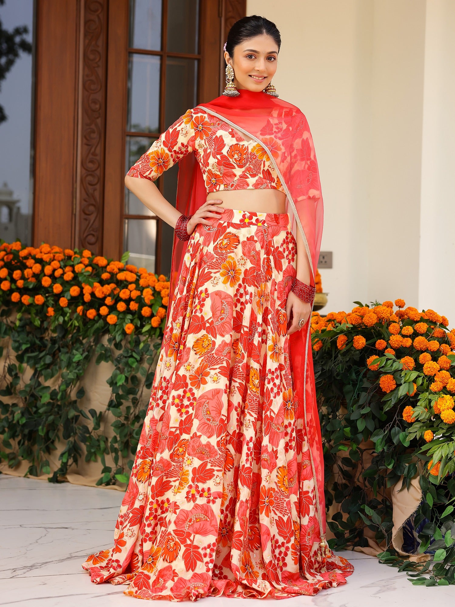 Orange Printed Lehenga Set