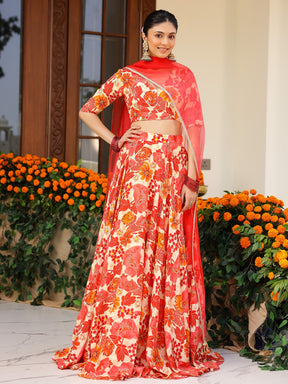Orange Printed Lehenga Set