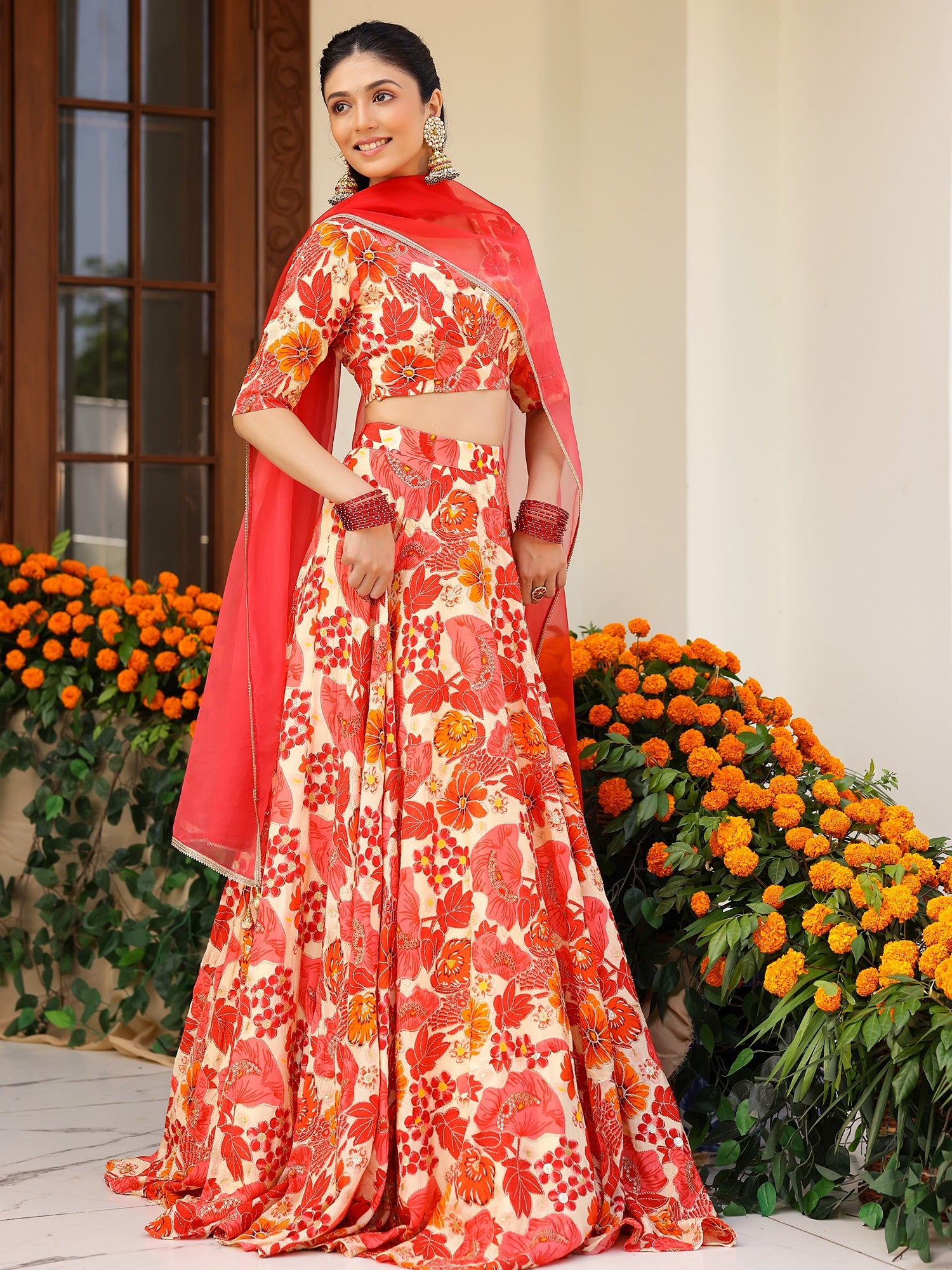 Orange Printed Lehenga Set