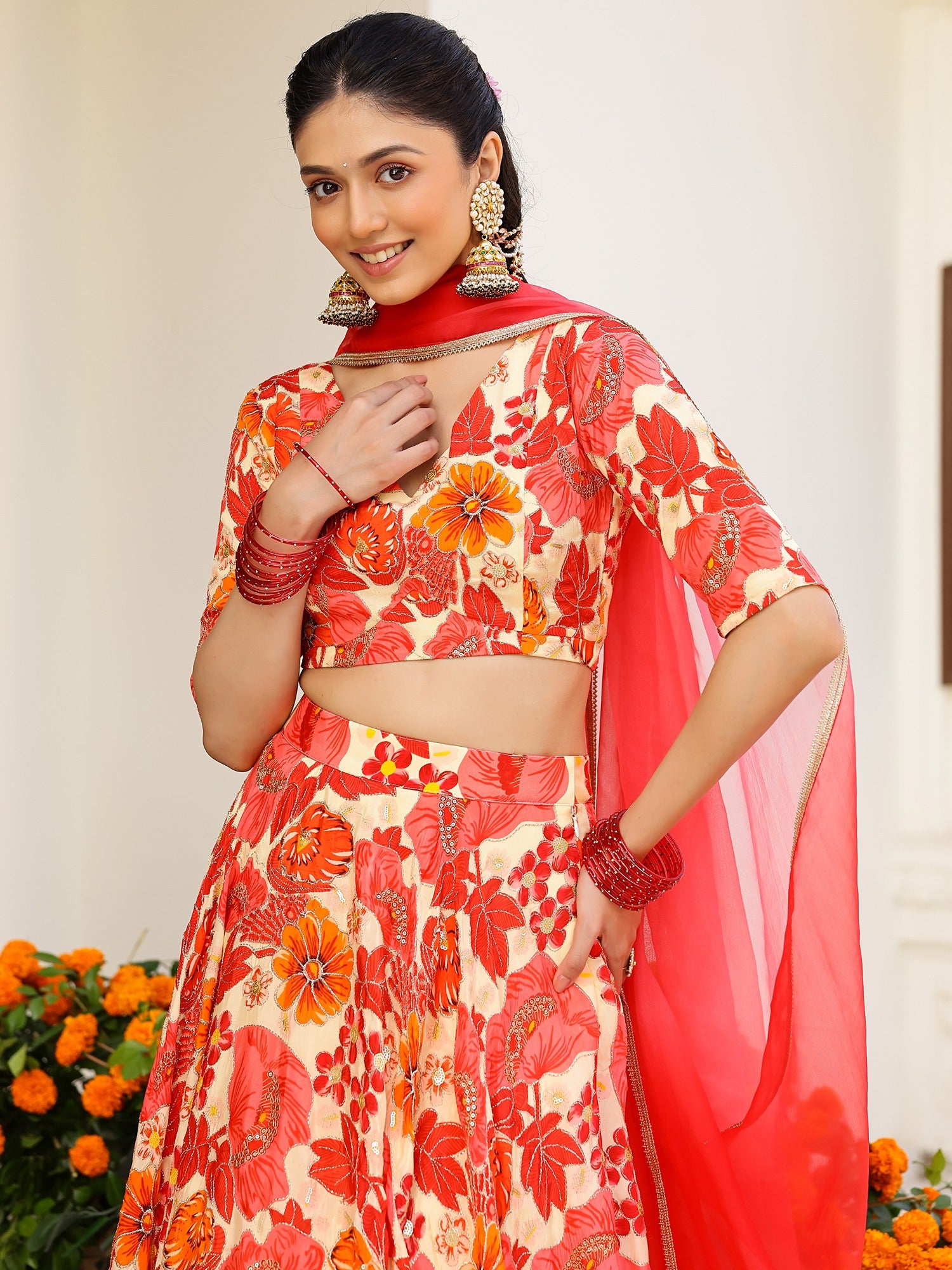 Orange Printed Lehenga Set