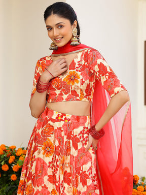 Orange Printed Lehenga Set