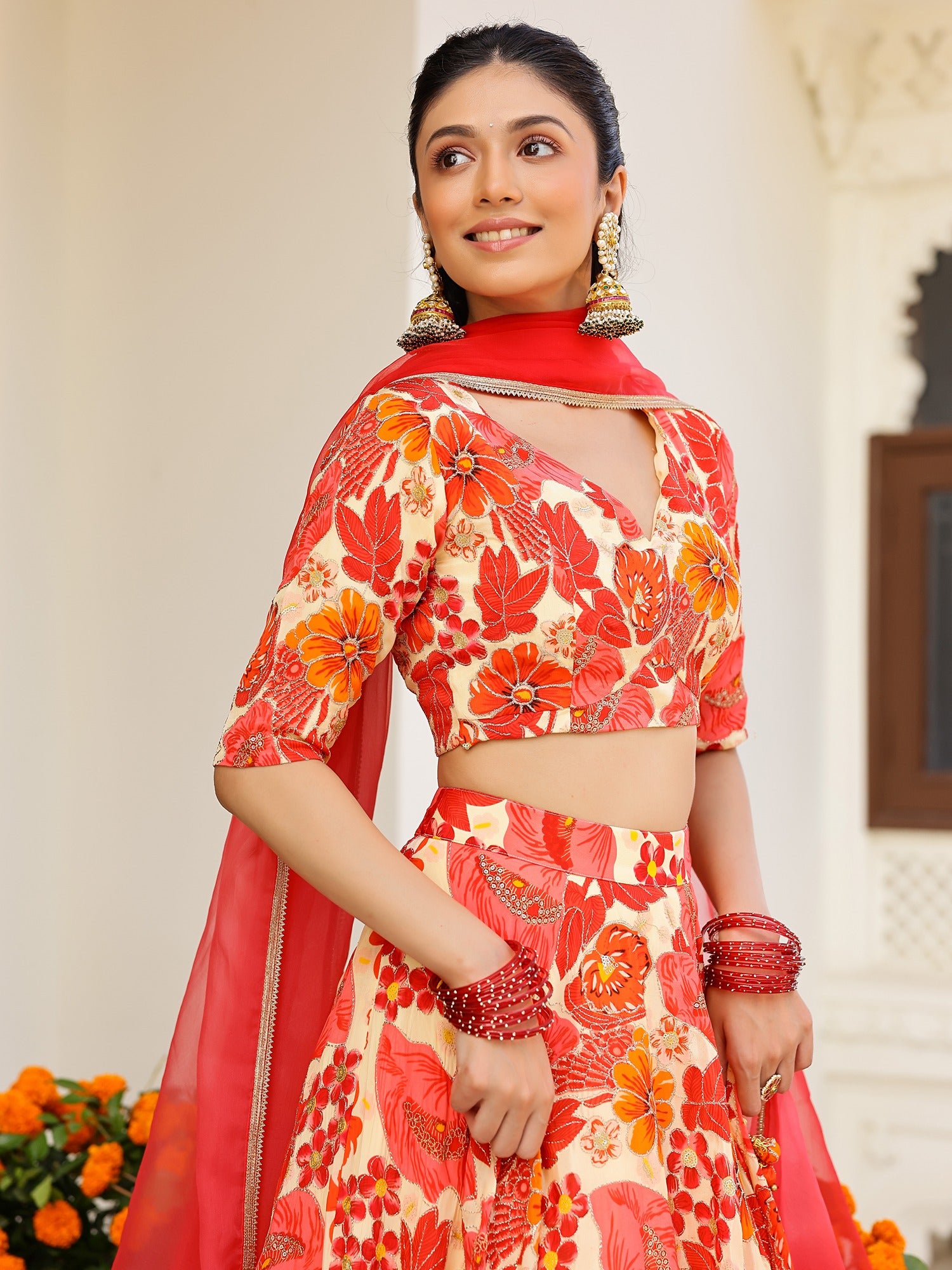 Orange Printed Lehenga Set