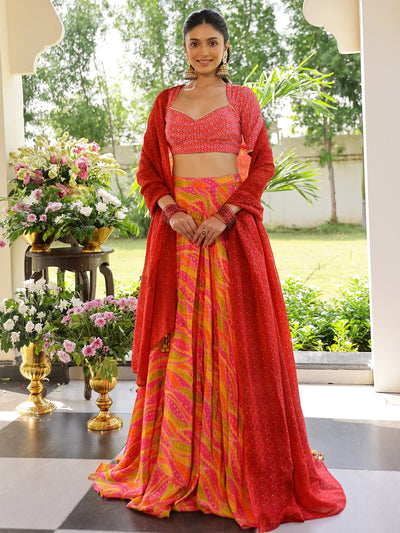 Pink and Yellow Printed Lehenga Set
