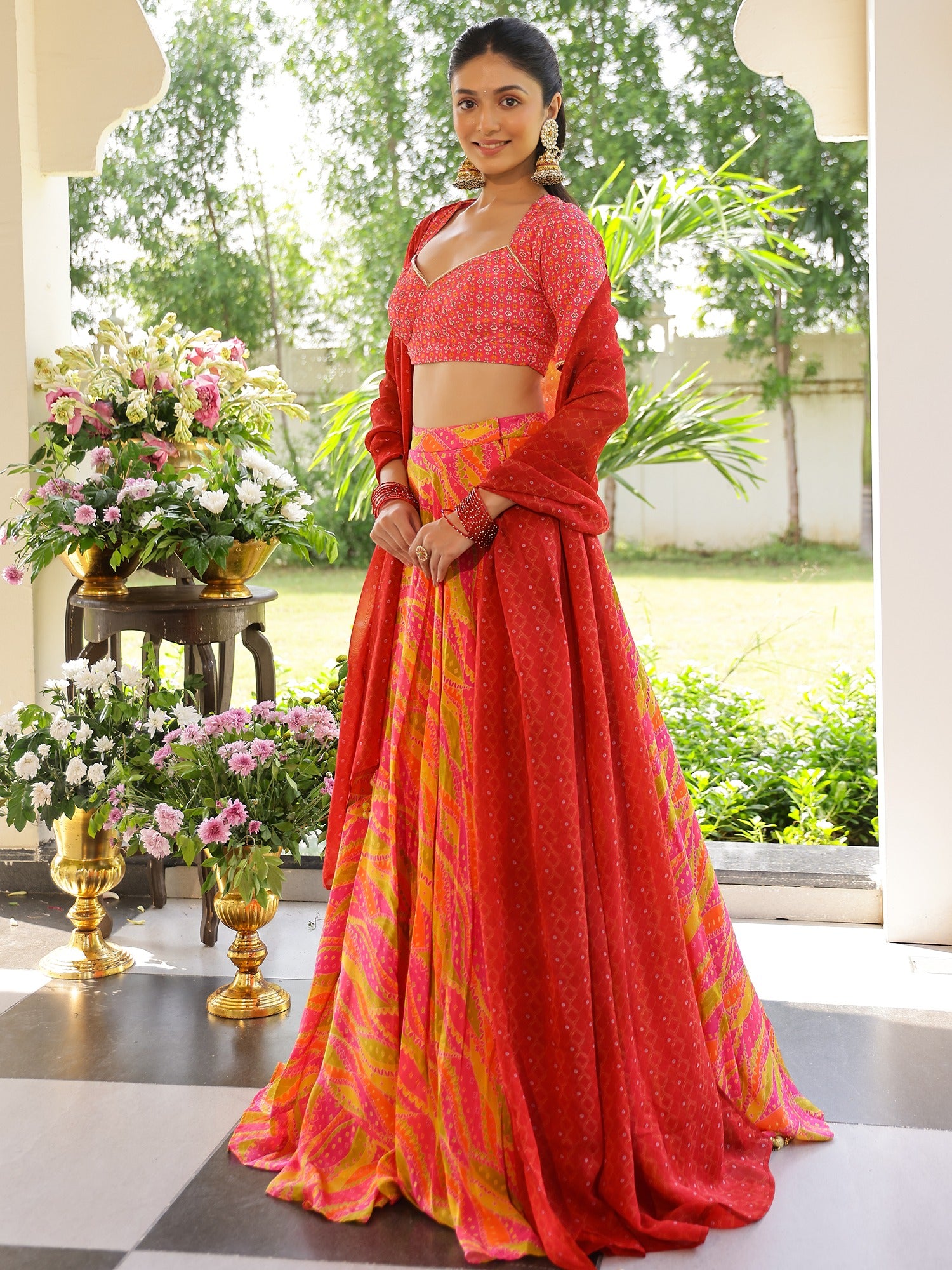 Pink and Yellow Printed Lehenga Set