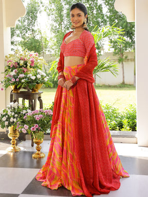 Pink and Yellow Printed Lehenga Set