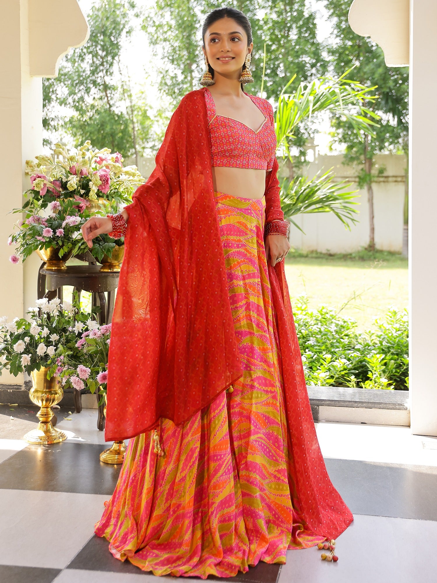 Pink and Yellow Printed Lehenga Set