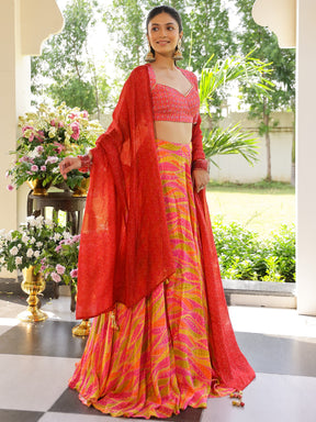 Pink and Yellow Printed Lehenga Set