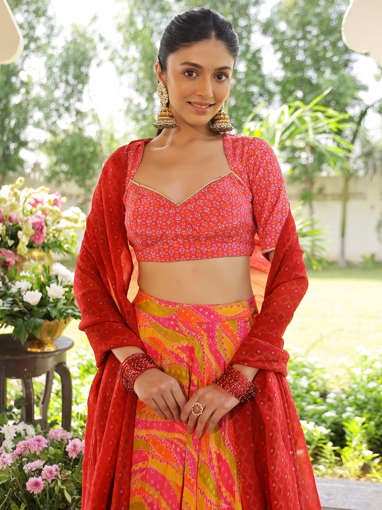 Pink and Yellow Printed Lehenga Set
