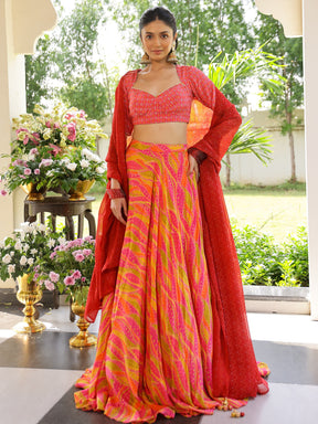 Pink and Yellow Printed Lehenga Set