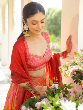 Pink and Yellow Printed Lehenga Set