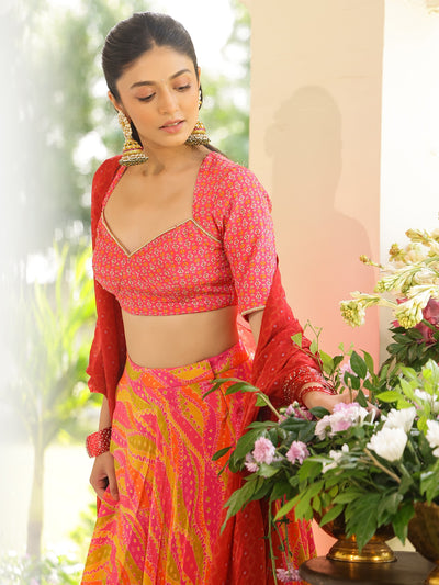 Pink and Yellow Printed Lehenga Set