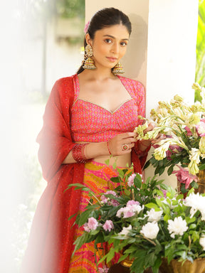 Pink and Yellow Printed Lehenga Set