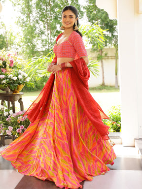 Pink and Yellow Printed Lehenga Set