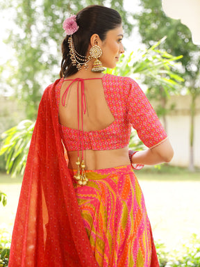 Pink and Yellow Printed Lehenga Set