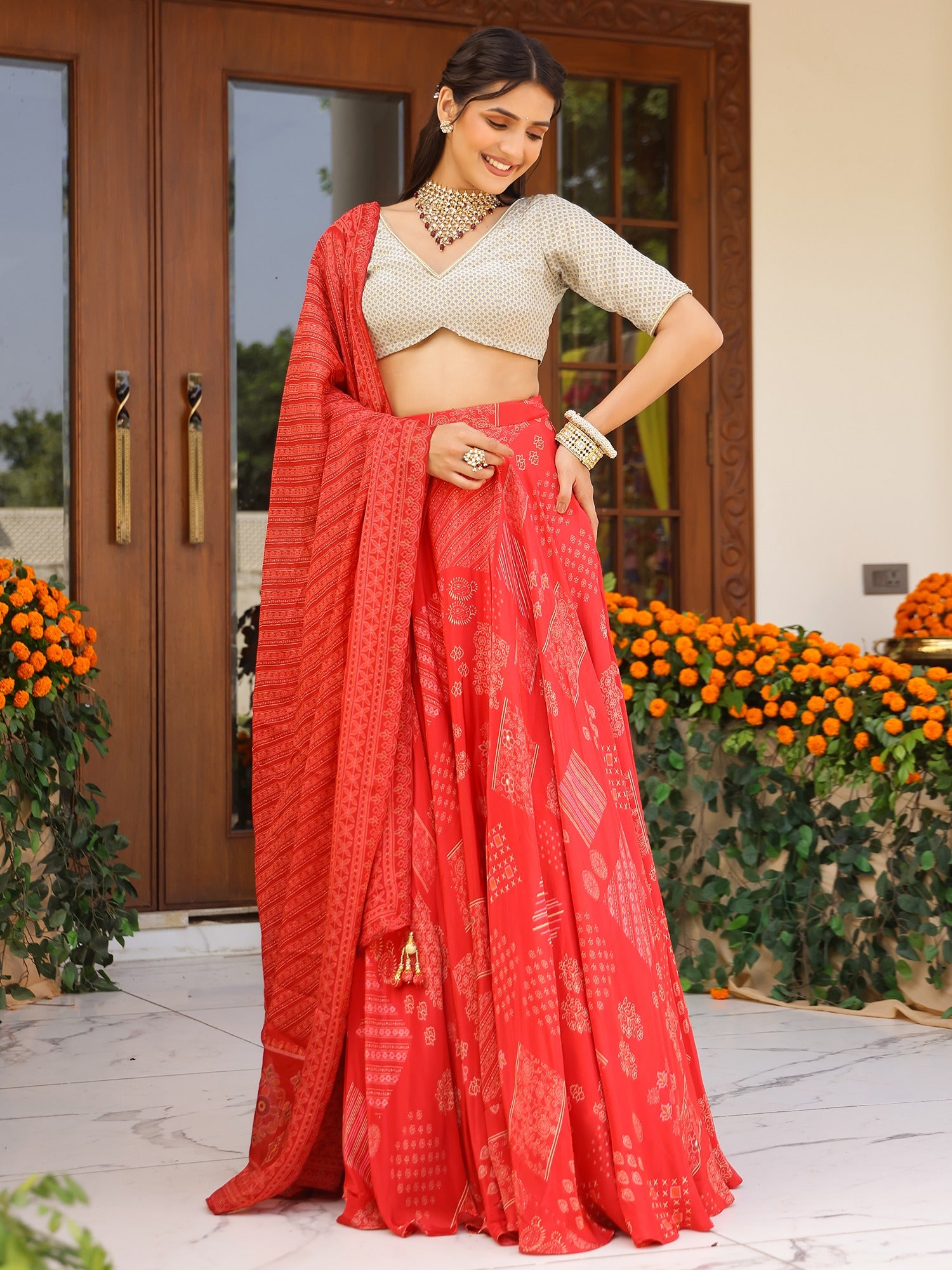 Red Printed Lehenga Set
