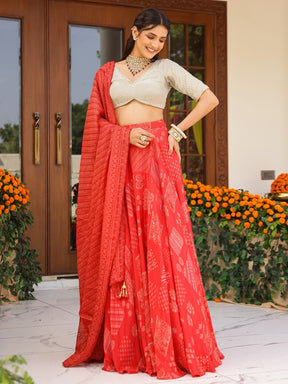 Red Printed Lehenga Set