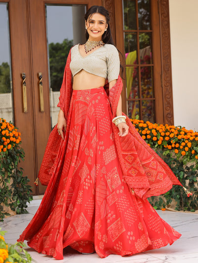 Red Printed Lehenga Set