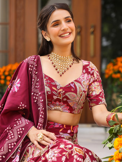 Maroon Printed Lehenga Set