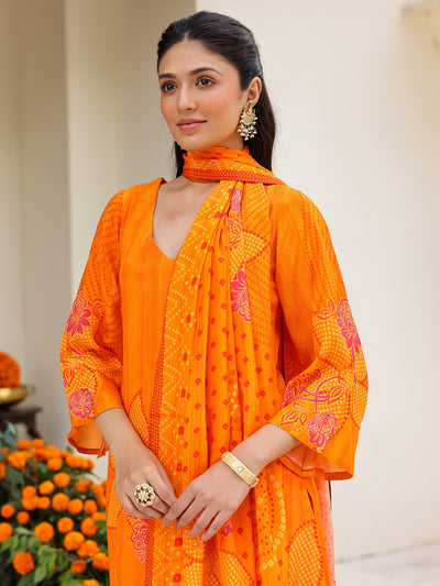 Orange Printed Straight Kurta Set