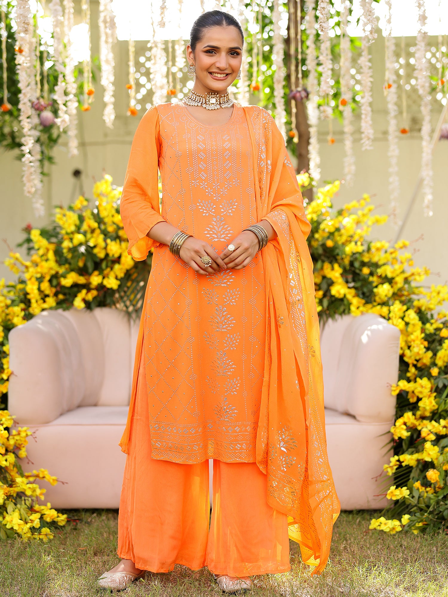 Orange Mukaish Kurta Set