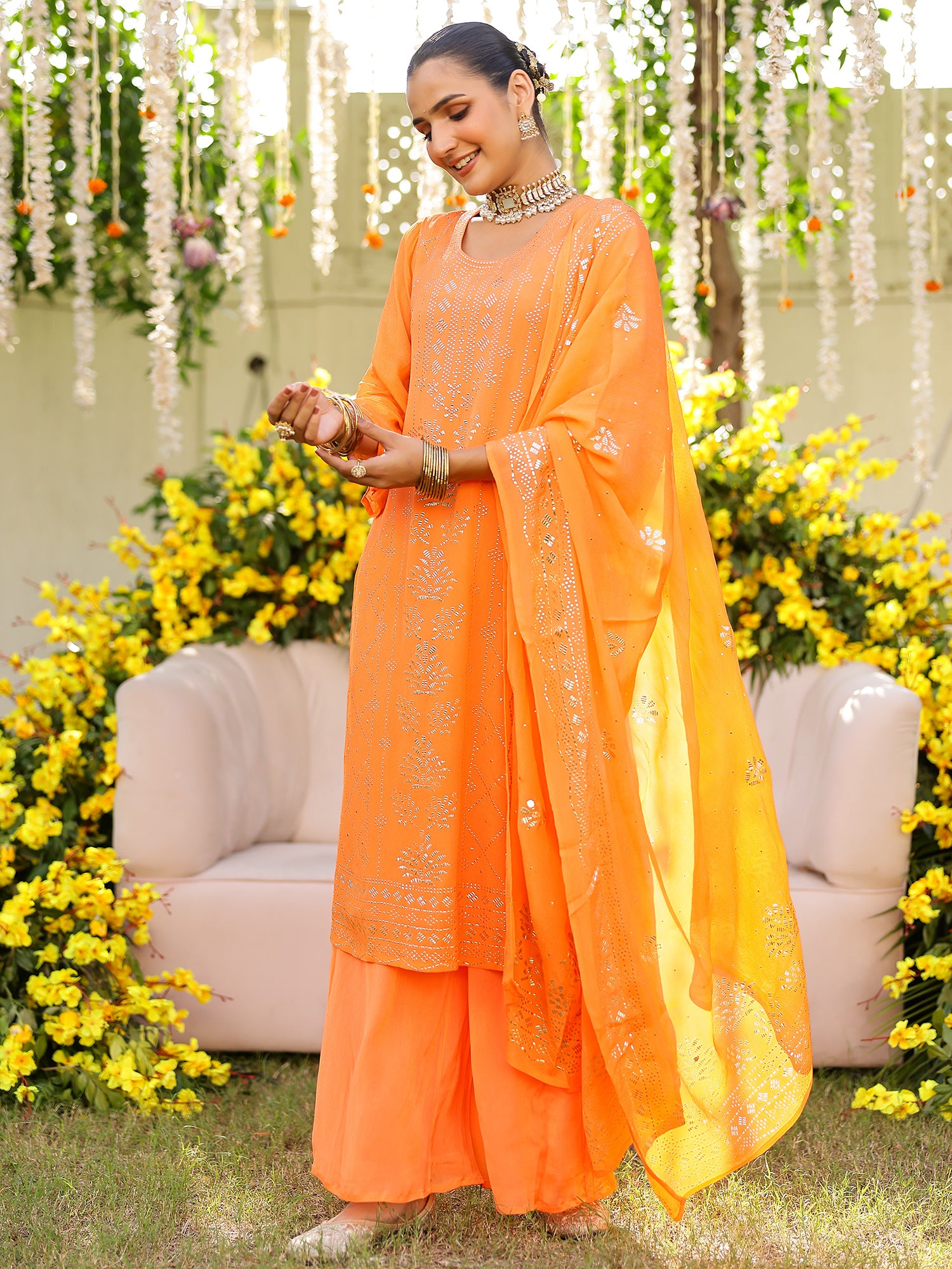 Orange Mukaish Kurta Set