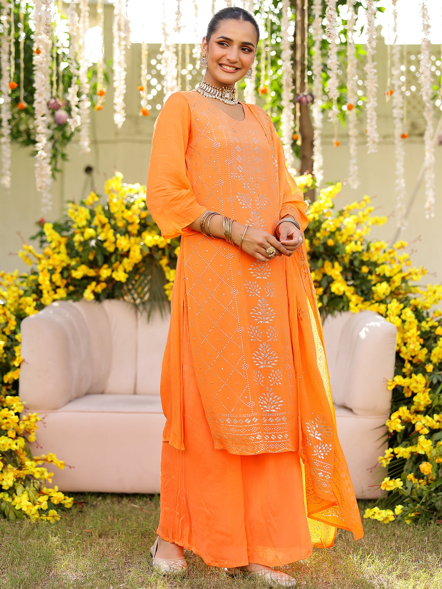 Orange Mukaish Kurta Set