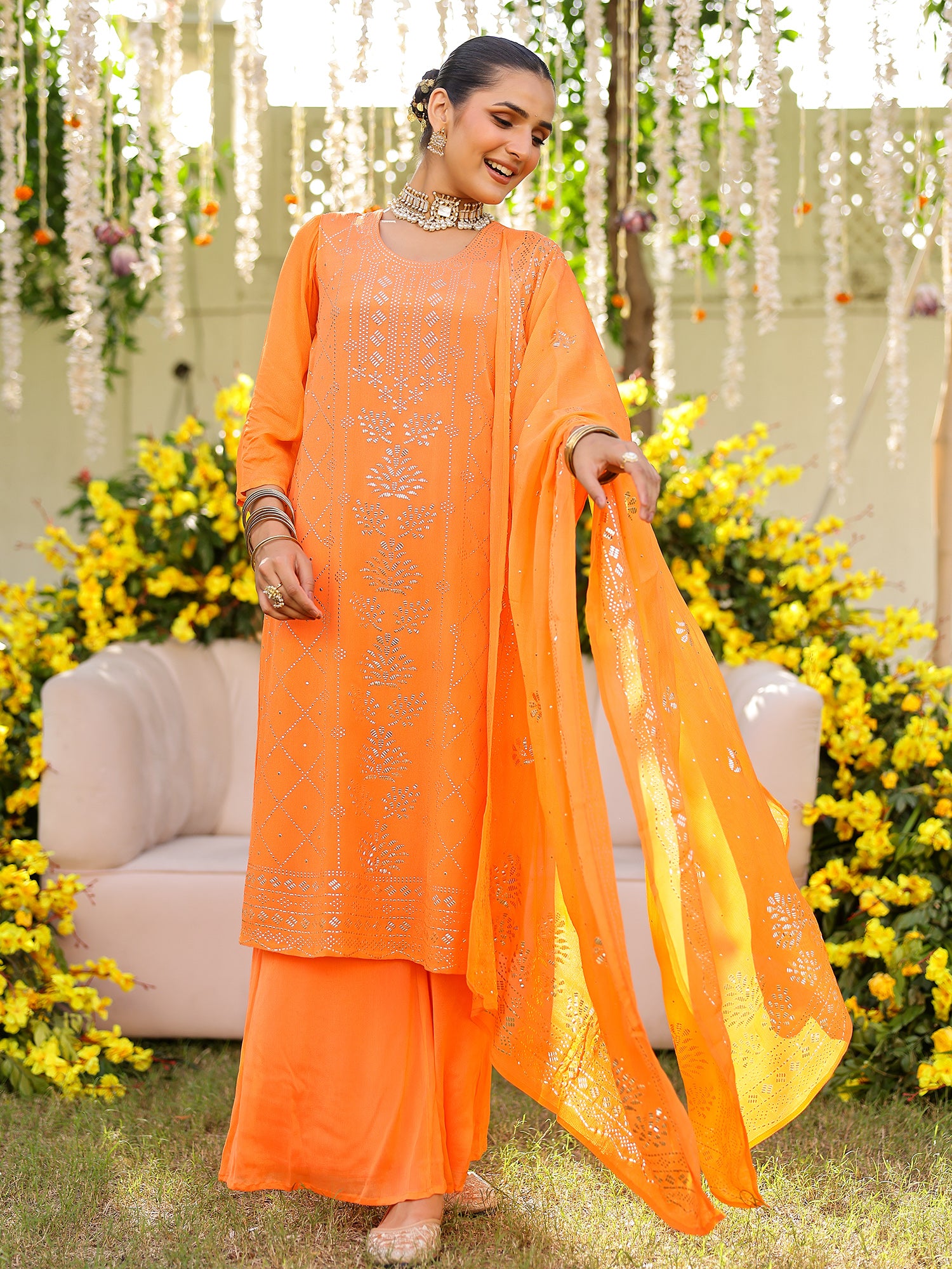 Orange Mukaish Kurta Set