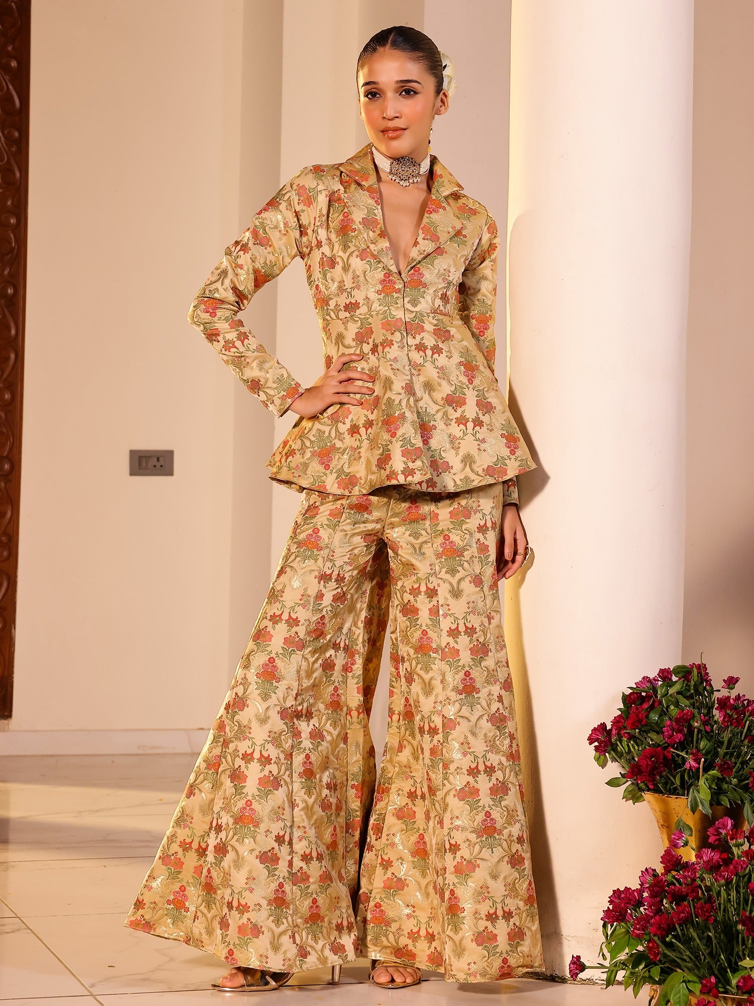 Kimkhab Beige Coat Set