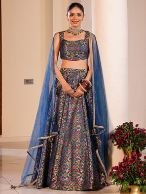 Kimkhab Blue Lehenga Set