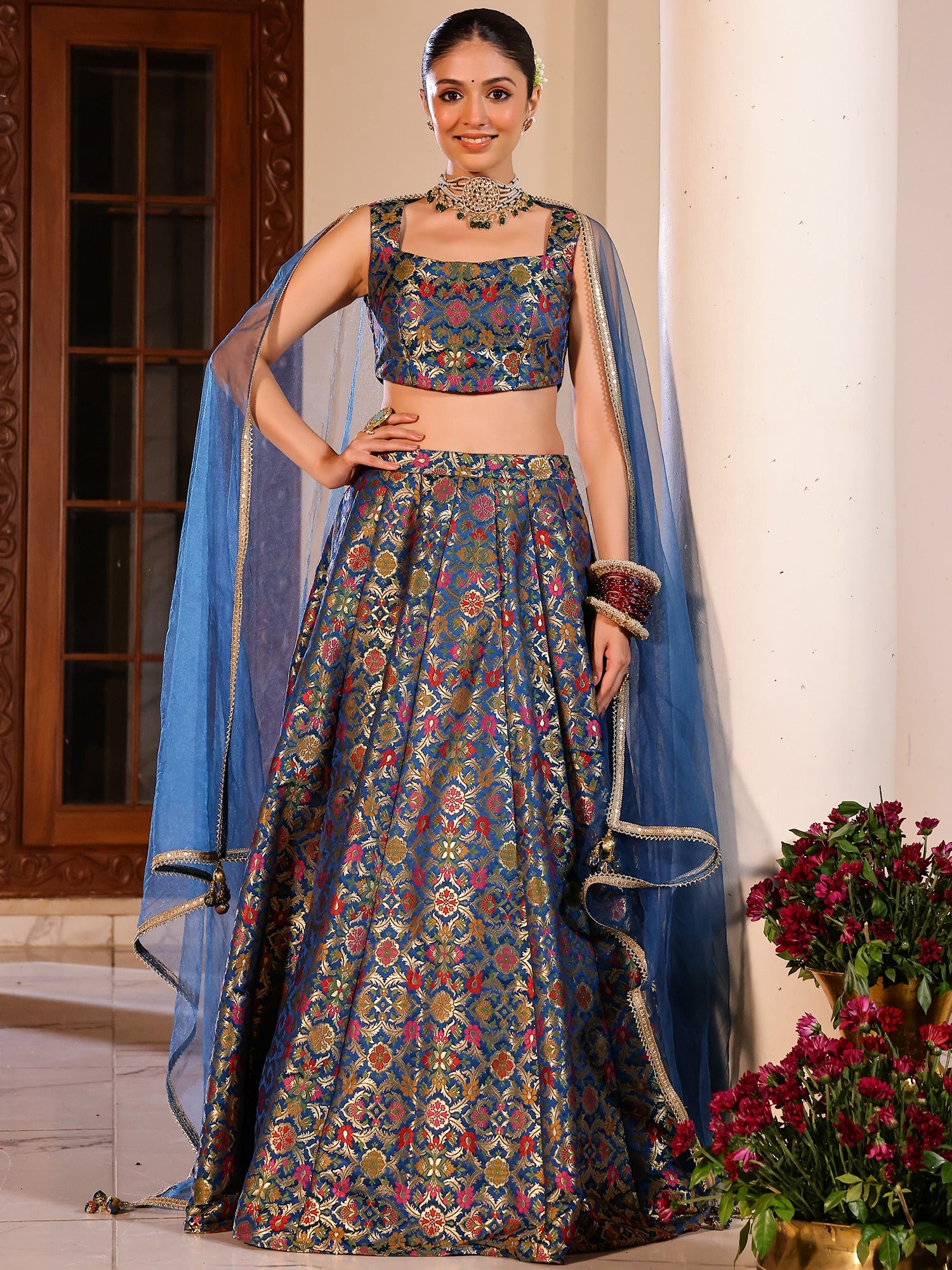 Kimkhab Blue Lehenga Set