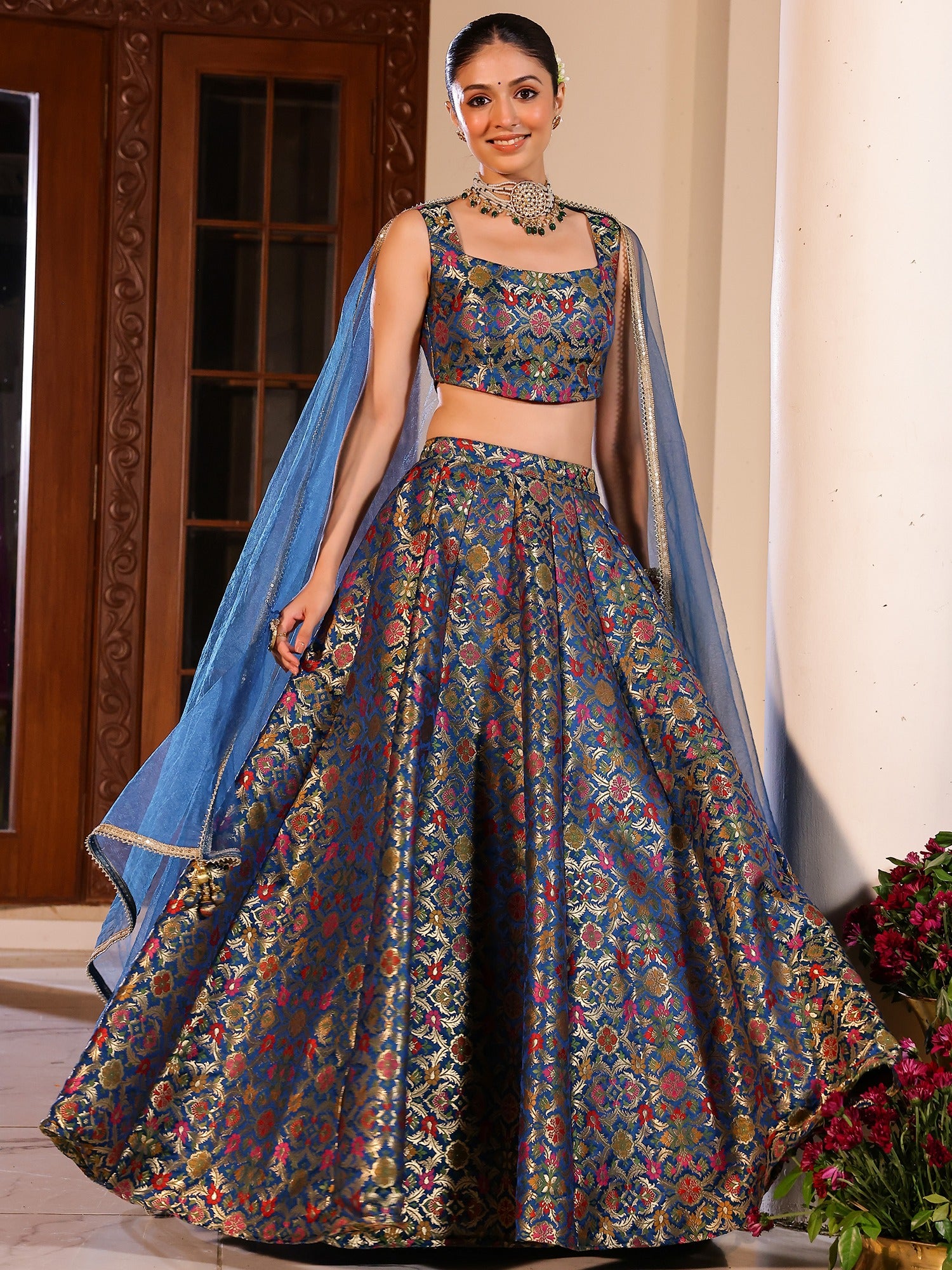 Kimkhab Blue Lehenga Set