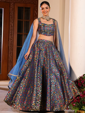 Kimkhab Blue Lehenga Set