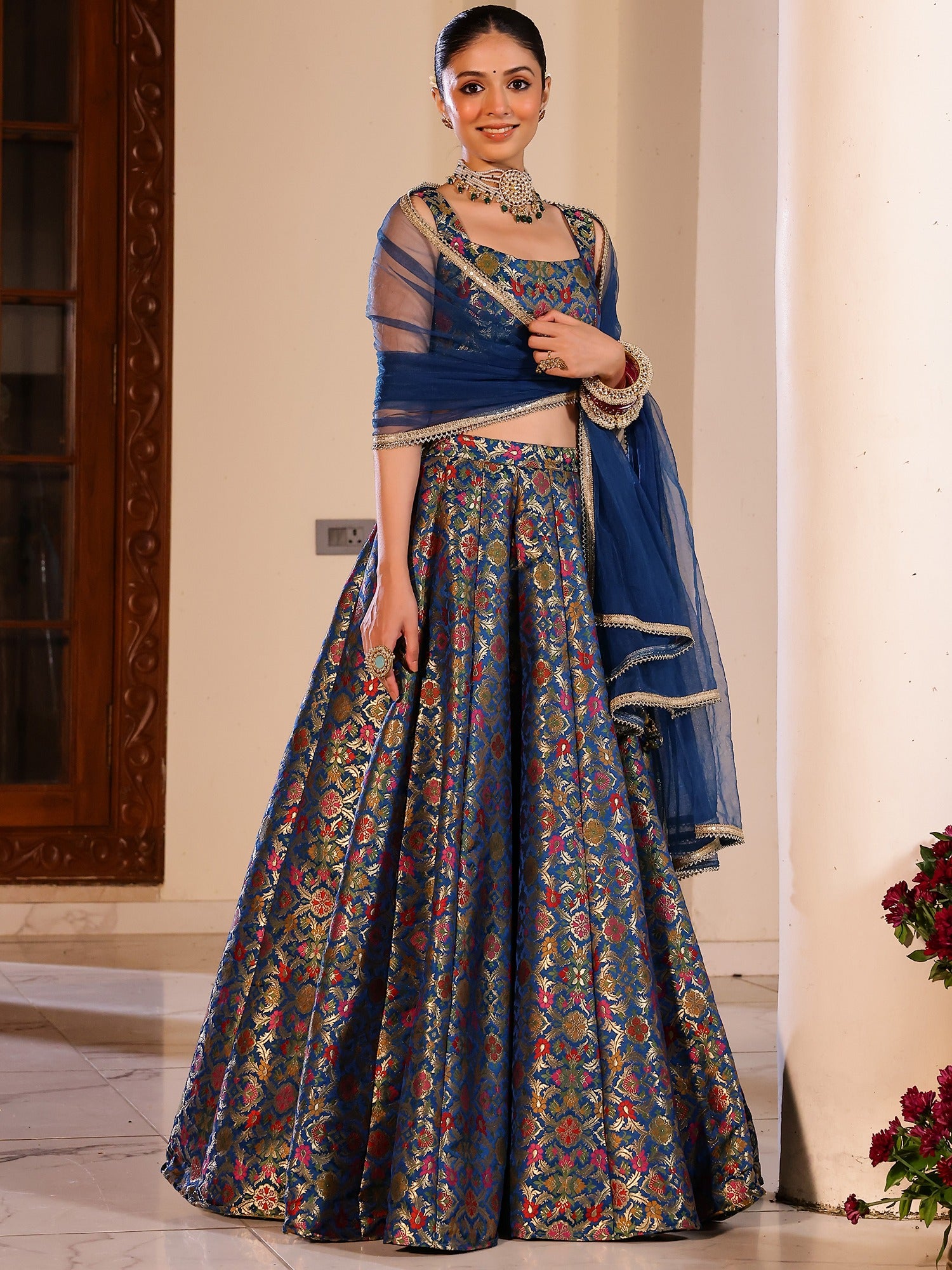 Kimkhab Blue Lehenga Set