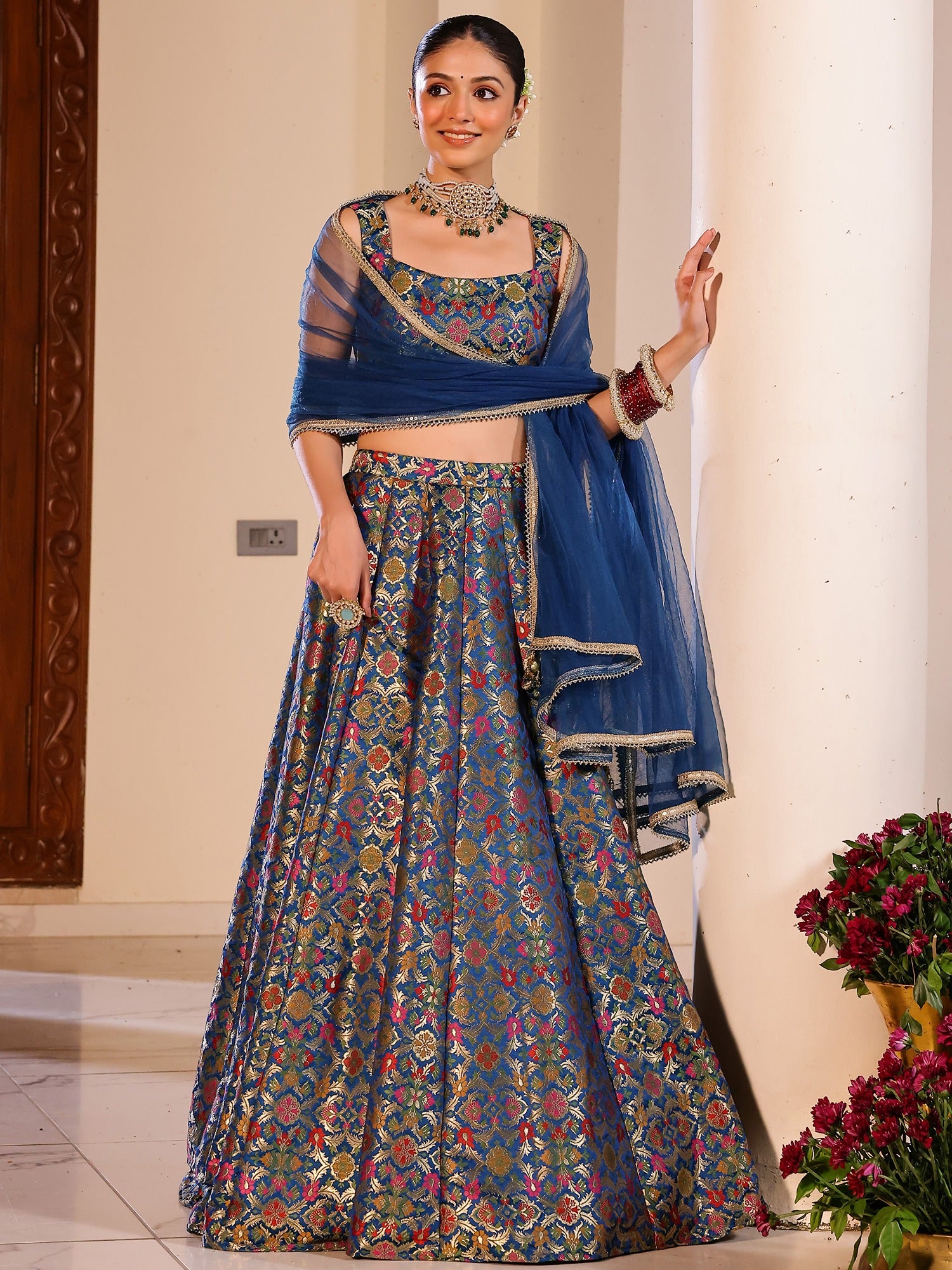 Kimkhab Blue Lehenga Set