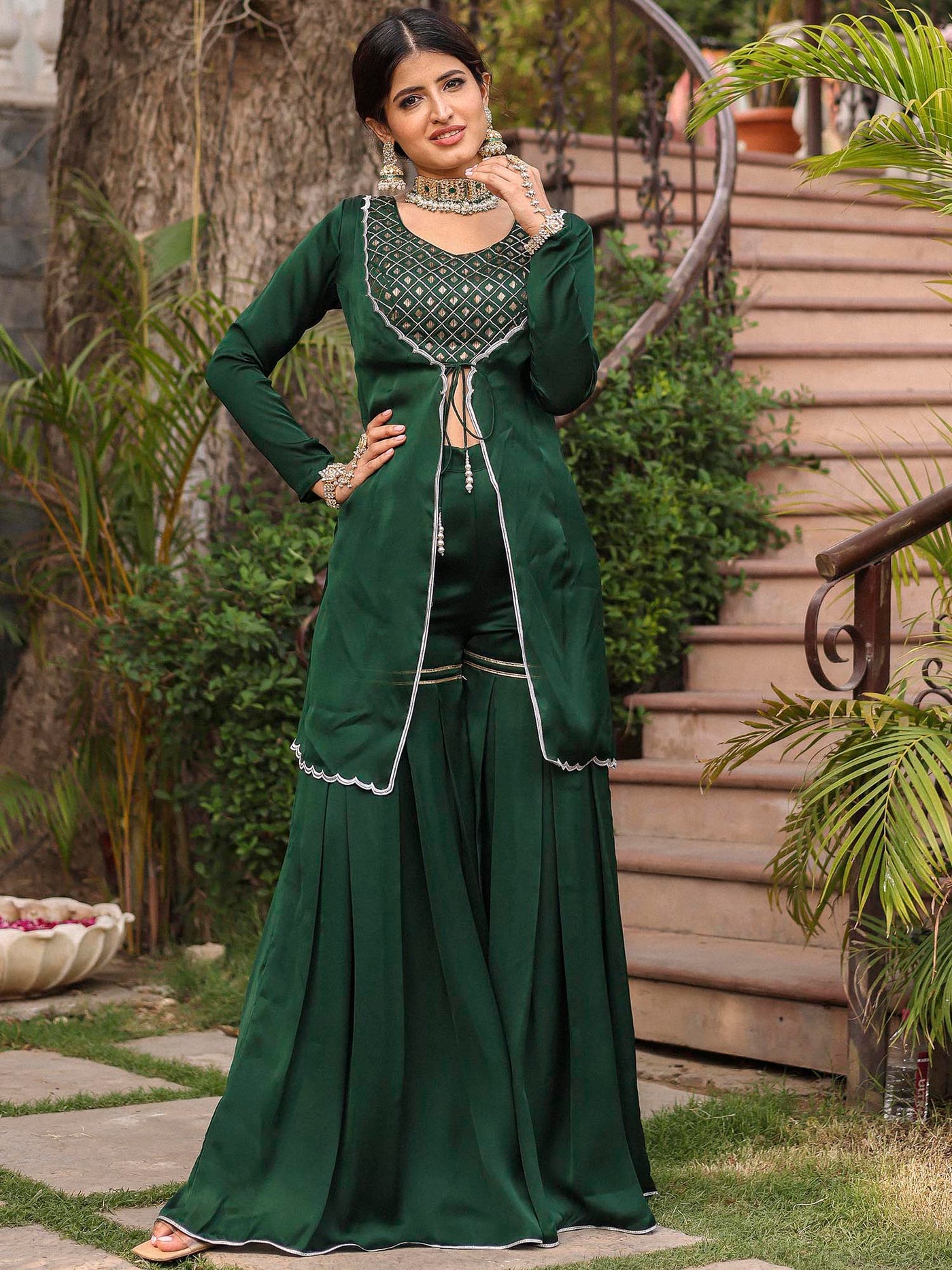 Bottle Green Printed Rayon Flared Sharara