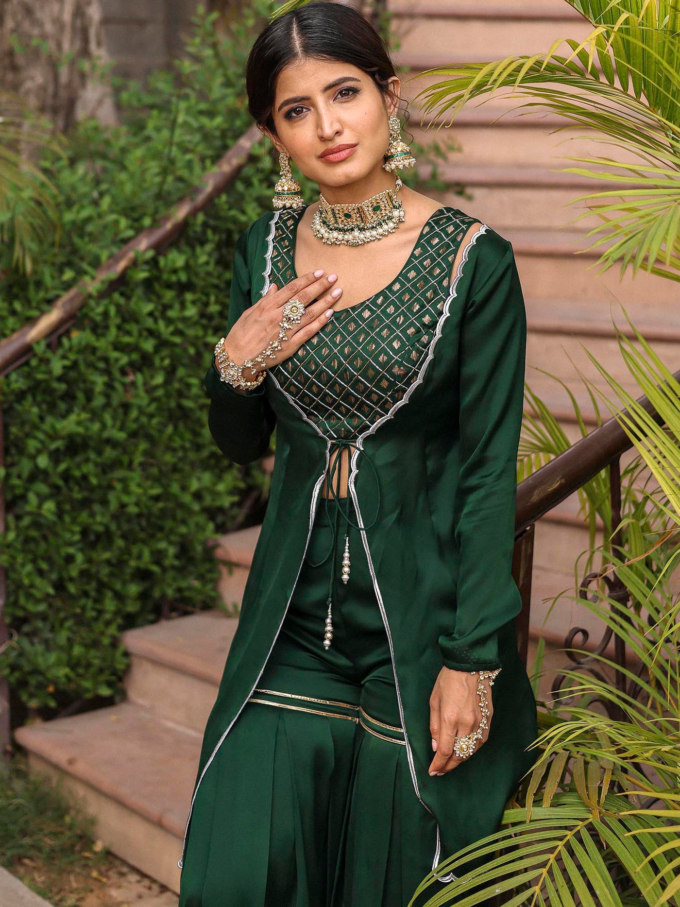 Bottle Green Wide Leg Printed Sharara